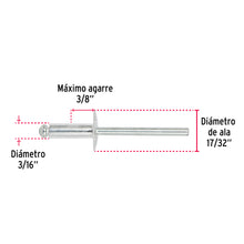 Cargar imagen en el visor de la galería, Remaches 3/16&quot; x 3/8&quot; de aluminio, ala 17/32&quot; bolsa con 50pz FIEROR-66LF-B (44537)