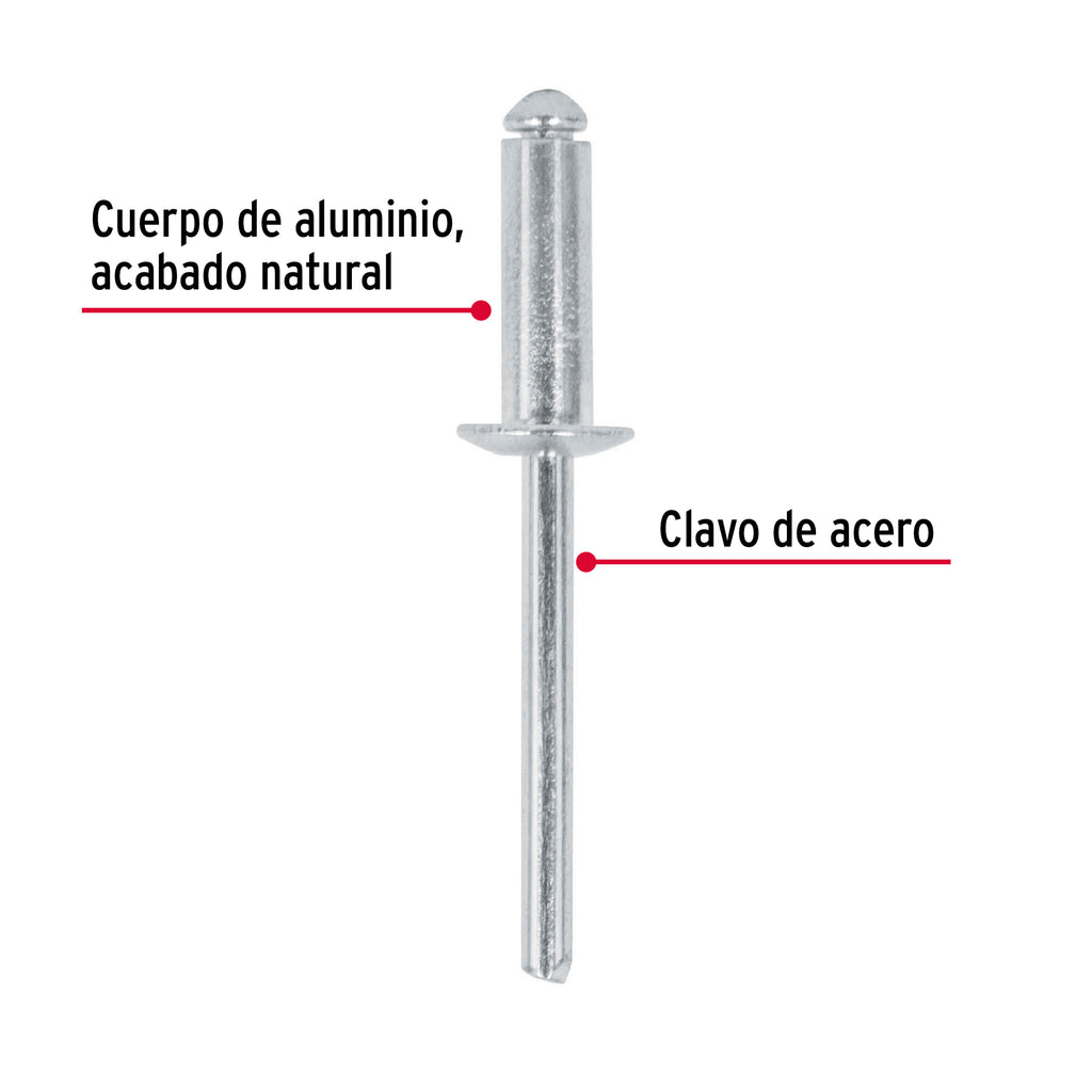 Remaches 3/16" x 1/2" de aluminio, ala 3/8"  bolsa con 50pz FIERO R-68B (44531)