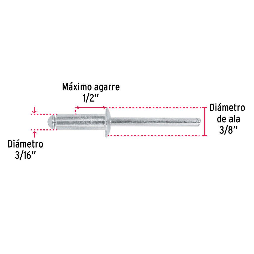 Remaches 3/16" x 1/2" de aluminio, ala 3/8"  bolsa con 50pz FIERO R-68B (44531)