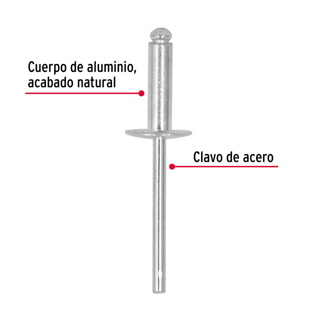 Remaches 3/16" x 1/2" de aluminio, ala 17/32" bolsa con 50pz FIEROR-68LF-B (44538)