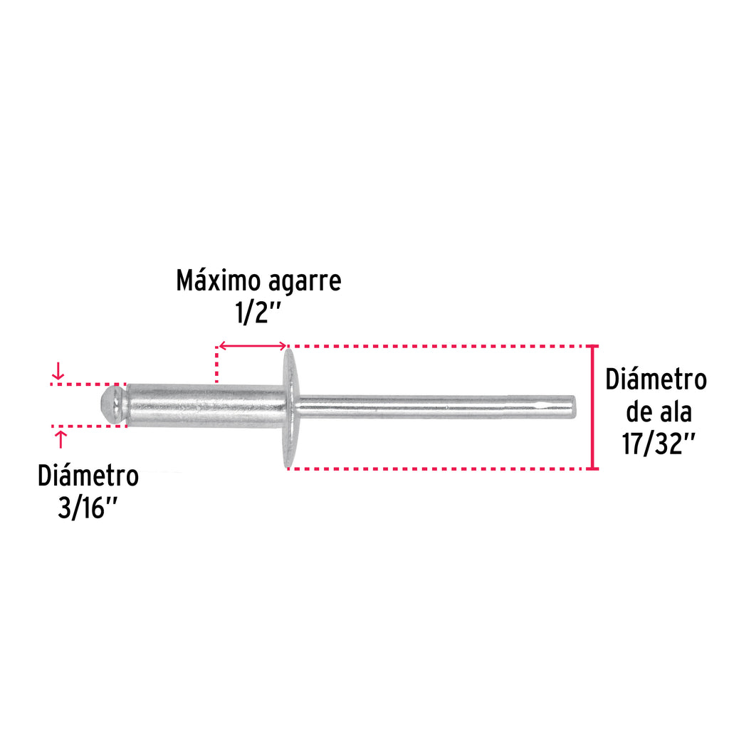 Remaches 3/16" x 1/2" de aluminio, ala 17/32" bolsa con 50pz FIEROR-68LF-B (44538)