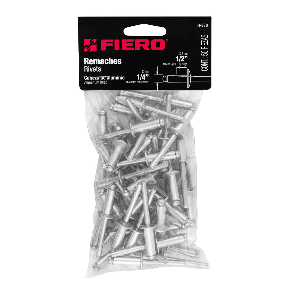 Remaches de 1/4" x 1/2" de aluminio, ala 1/2" bolsa con 50pz FIERO R-88B (44534)