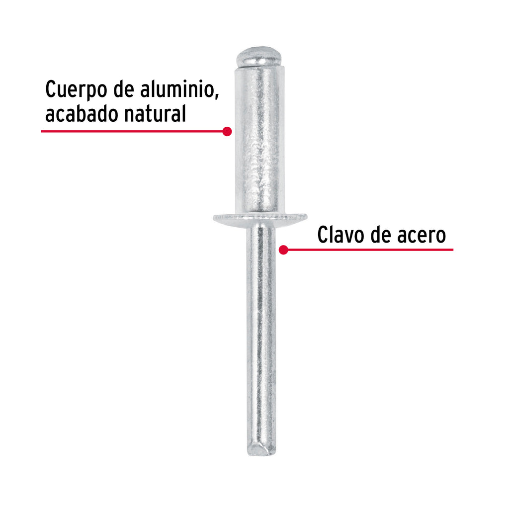 Remaches de 1/4" x 1/2" de aluminio, ala 1/2" bolsa con 50pz FIERO R-88B (44534)