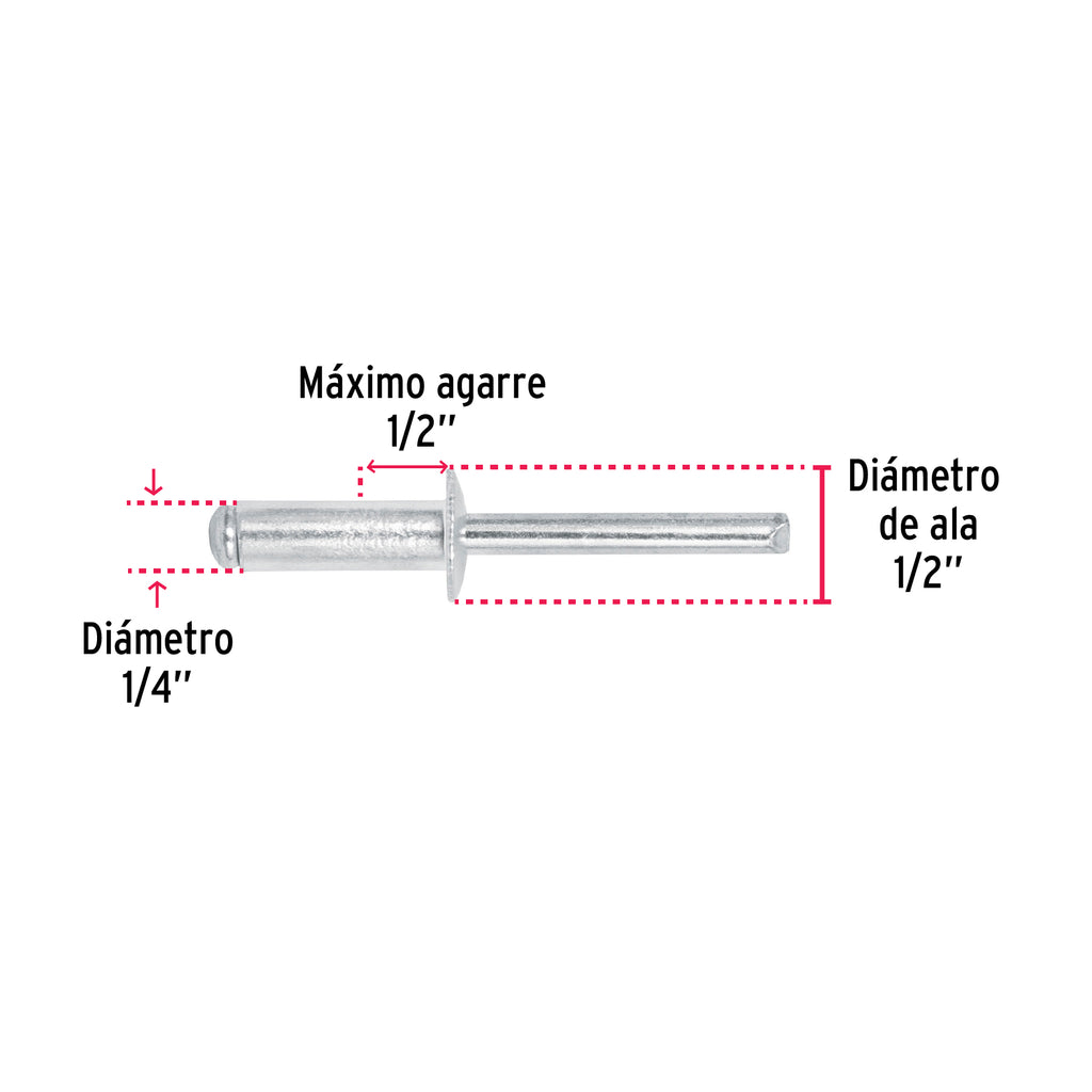 Remaches de 1/4" x 1/2" de aluminio, ala 1/2" bolsa con 50pz FIERO R-88B (44534)