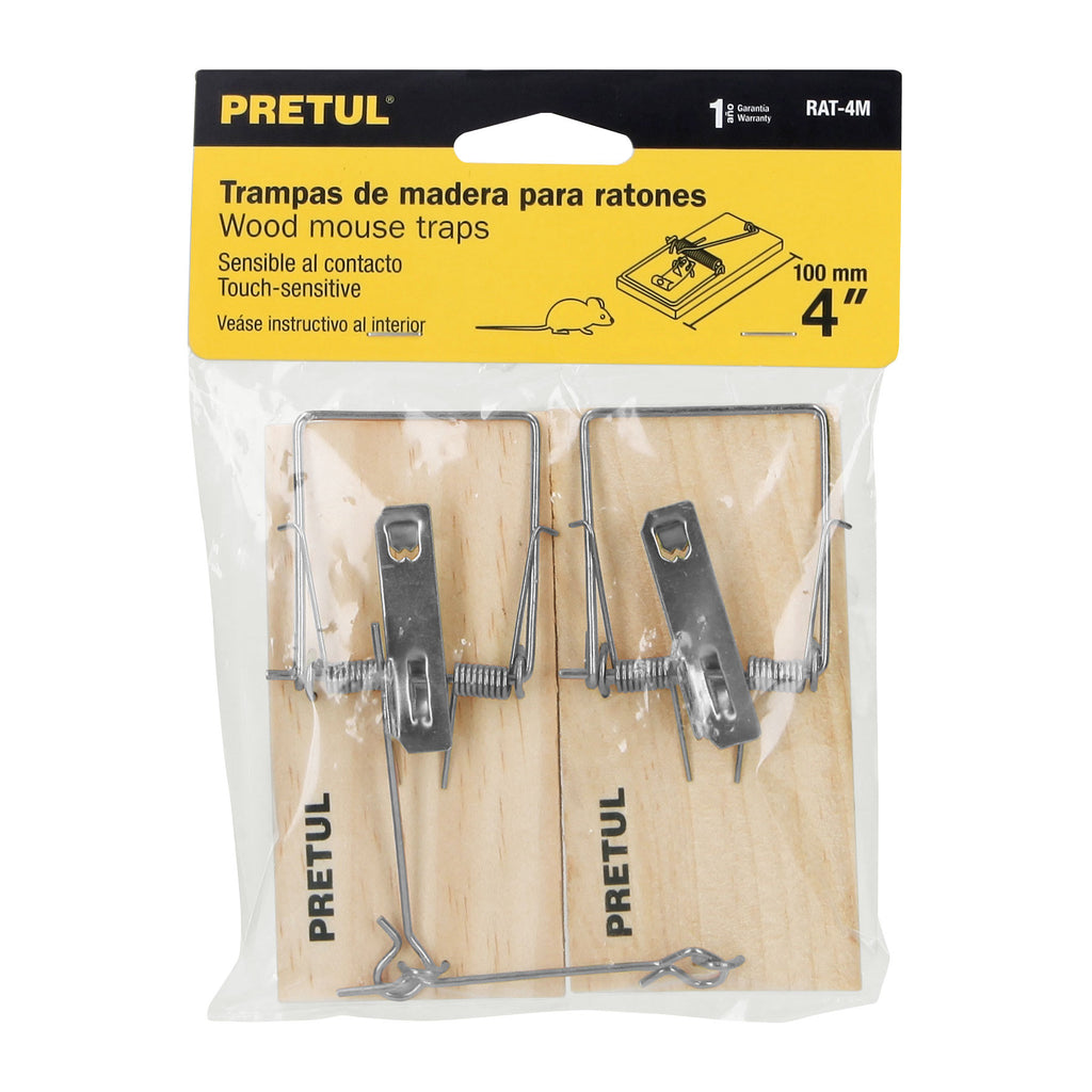 Bolsa con 2 trampas de 4" de madera para ratón, PRETUL  RAT-4M (23709)