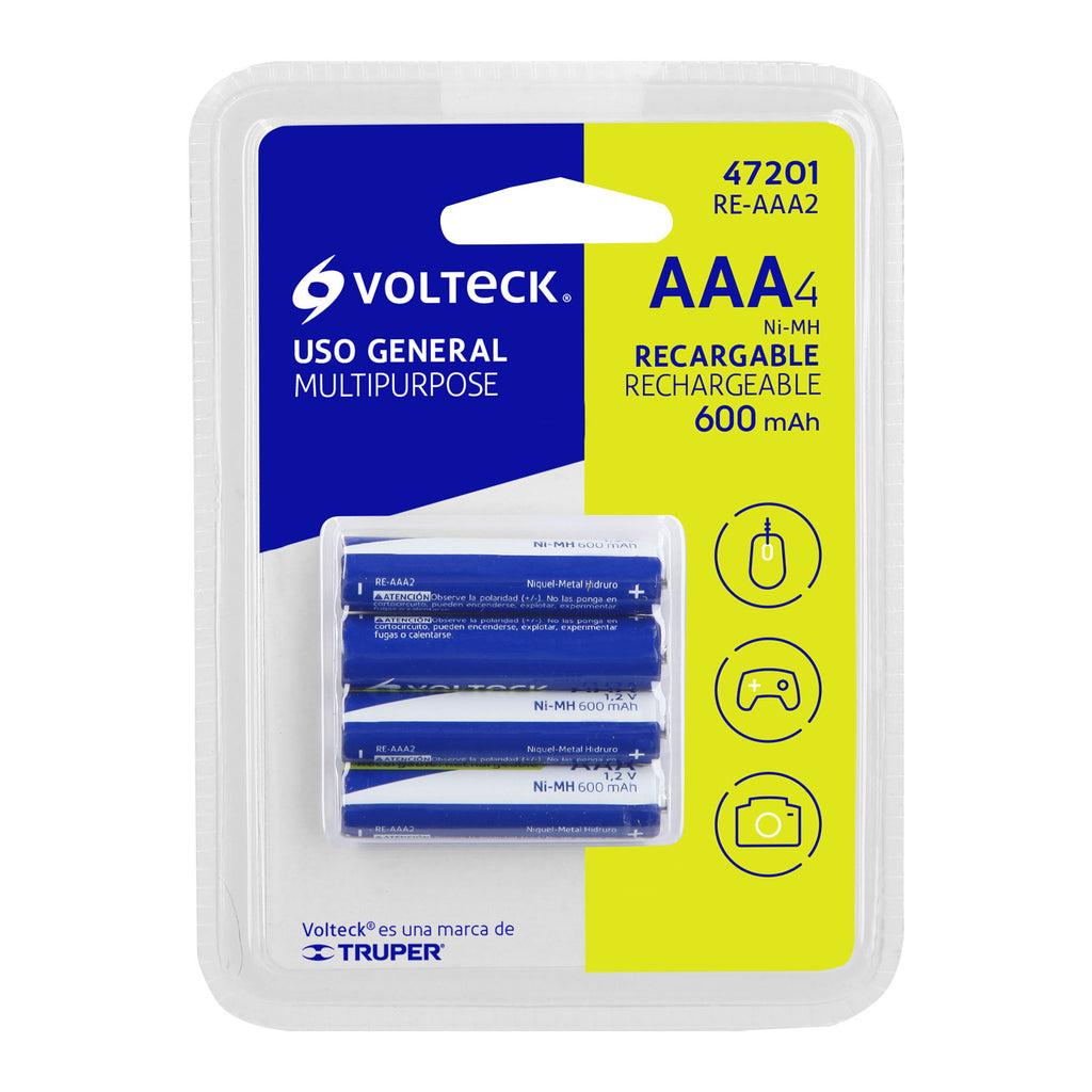 Pilas recargables AAA uso general, 600 mAh, 4pz, VOLTECK RE-AAA2 (47201)