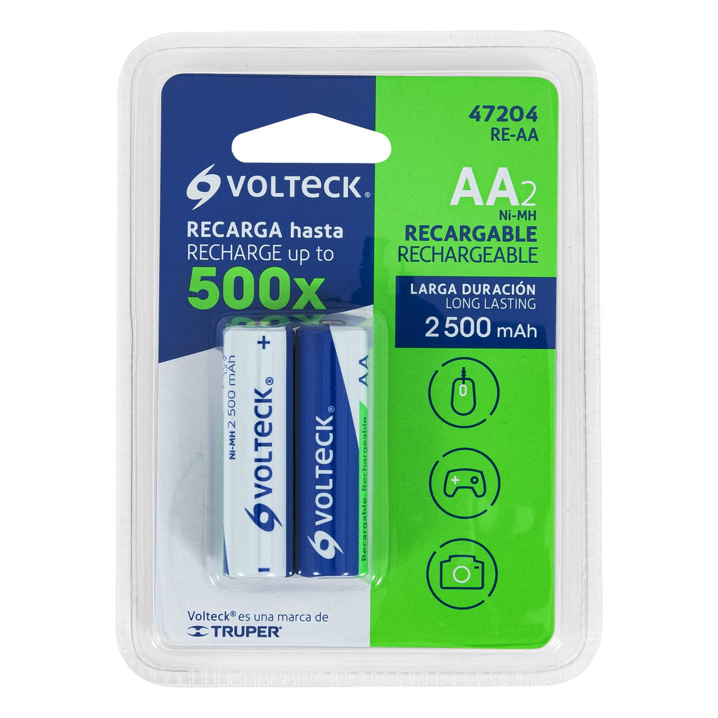 Pilas recargables AA larga duración, 2500 mAh 2pz, VOLTECK RE-AA (47204)