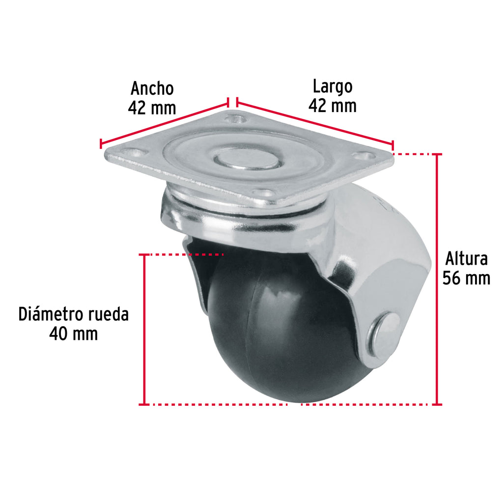 Rodaja esférica, 40 mm con placa, FIERO RO-40P (44390)