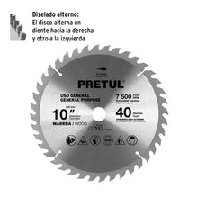 Cargar imagen en el visor de la galería, Disco sierra 10&quot; para madera, 40 dientes centro 1&quot;, PRETUL  ST-1040EP (27057)