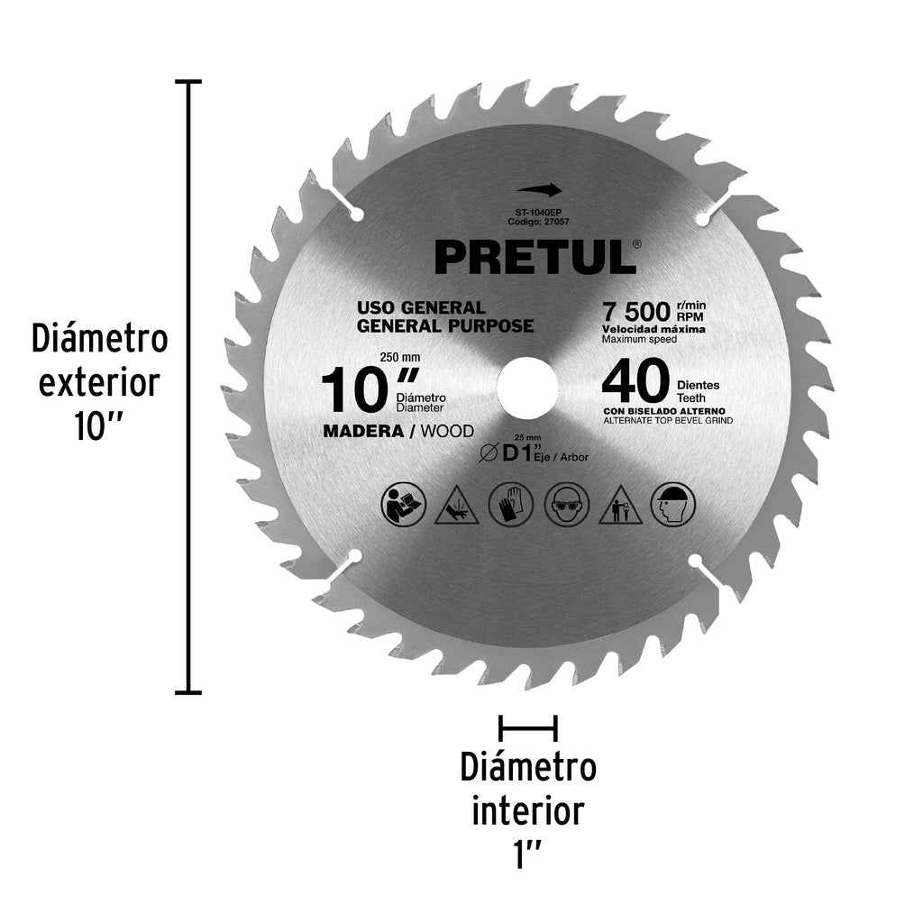 Disco sierra 10" para madera, 40 dientes centro 1", PRETUL  ST-1040EP (27057)