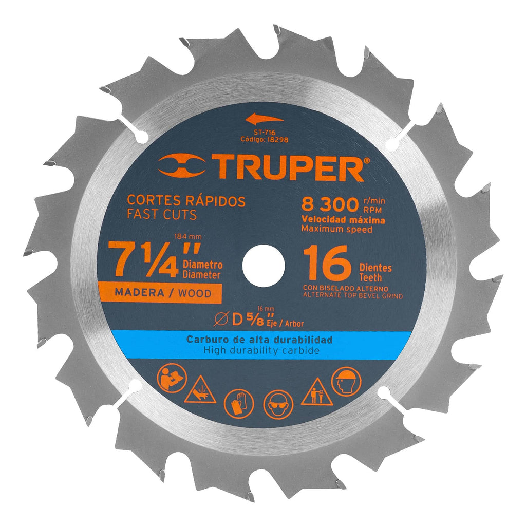 Disco sierra 7- 1/4" para madera, 16 dientes centro 5/8" TRUPER ST-716 (18298)