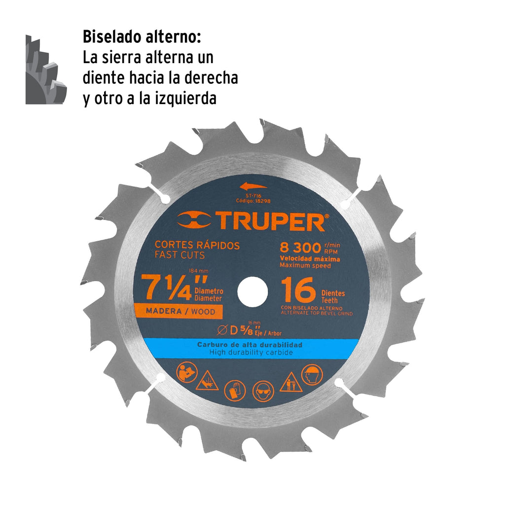 Disco sierra 7- 1/4" para madera, 16 dientes centro 5/8" TRUPER ST-716 (18298)