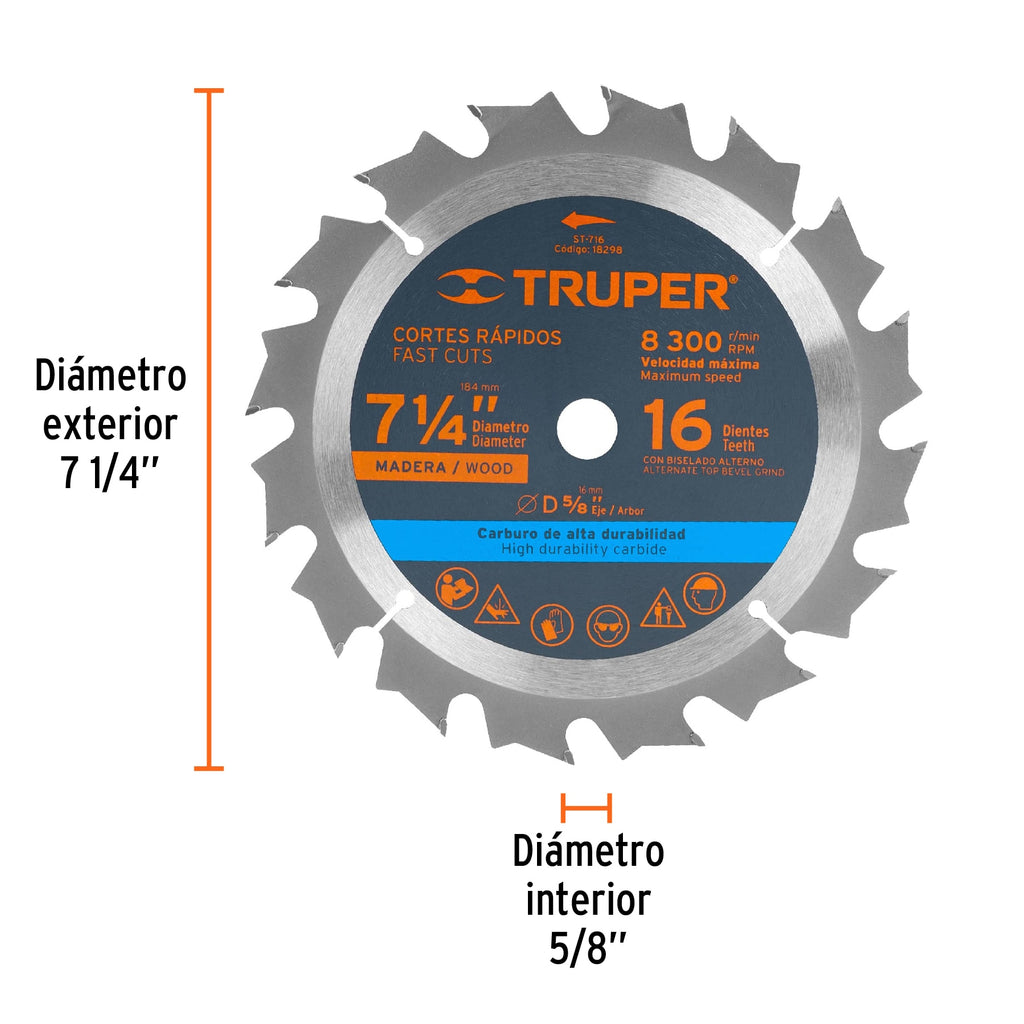 Disco sierra 7- 1/4" para madera, 16 dientes centro 5/8" TRUPER ST-716 (18298)