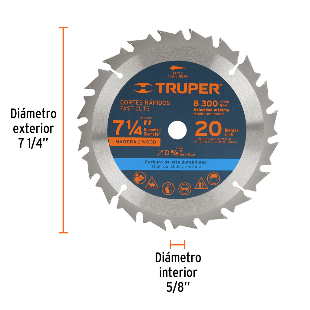 Disco sierra 7- 1/4" para madera, 20 dientes centro 5/8" TRUPER ST-720 (18299)