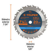 Cargar imagen en el visor de la galería, Disco sierra 7- 1/4&quot; para madera, 20 dientes centro 5/8&quot; TRUPER ST-720 (18299)