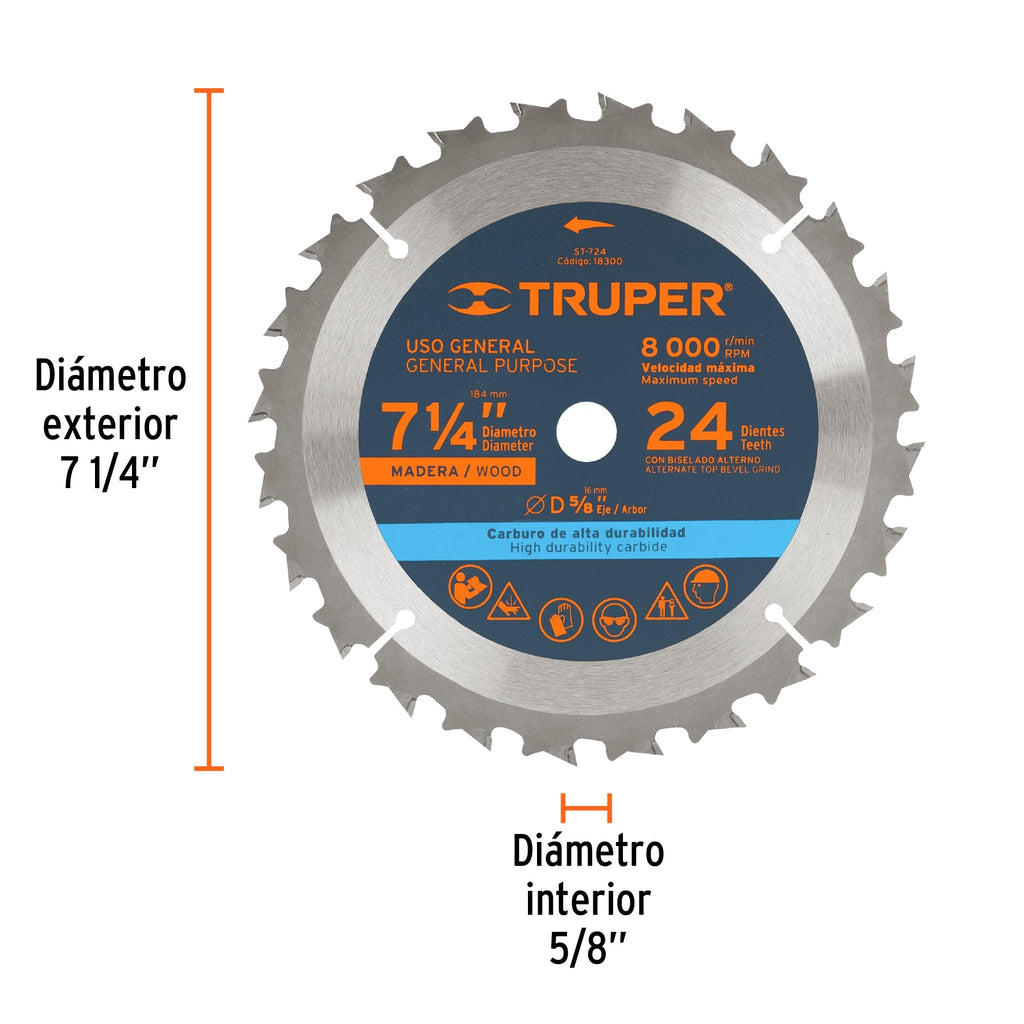 Disco sierra 7- 1/4" para madera, 24 dientes centro 5/8" TRUPER ST-724 (18300)