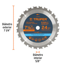 Cargar imagen en el visor de la galería, Disco sierra 7- 1/4&quot; para madera, 24 dientes centro 5/8&quot; TRUPER ST-724 (18300)