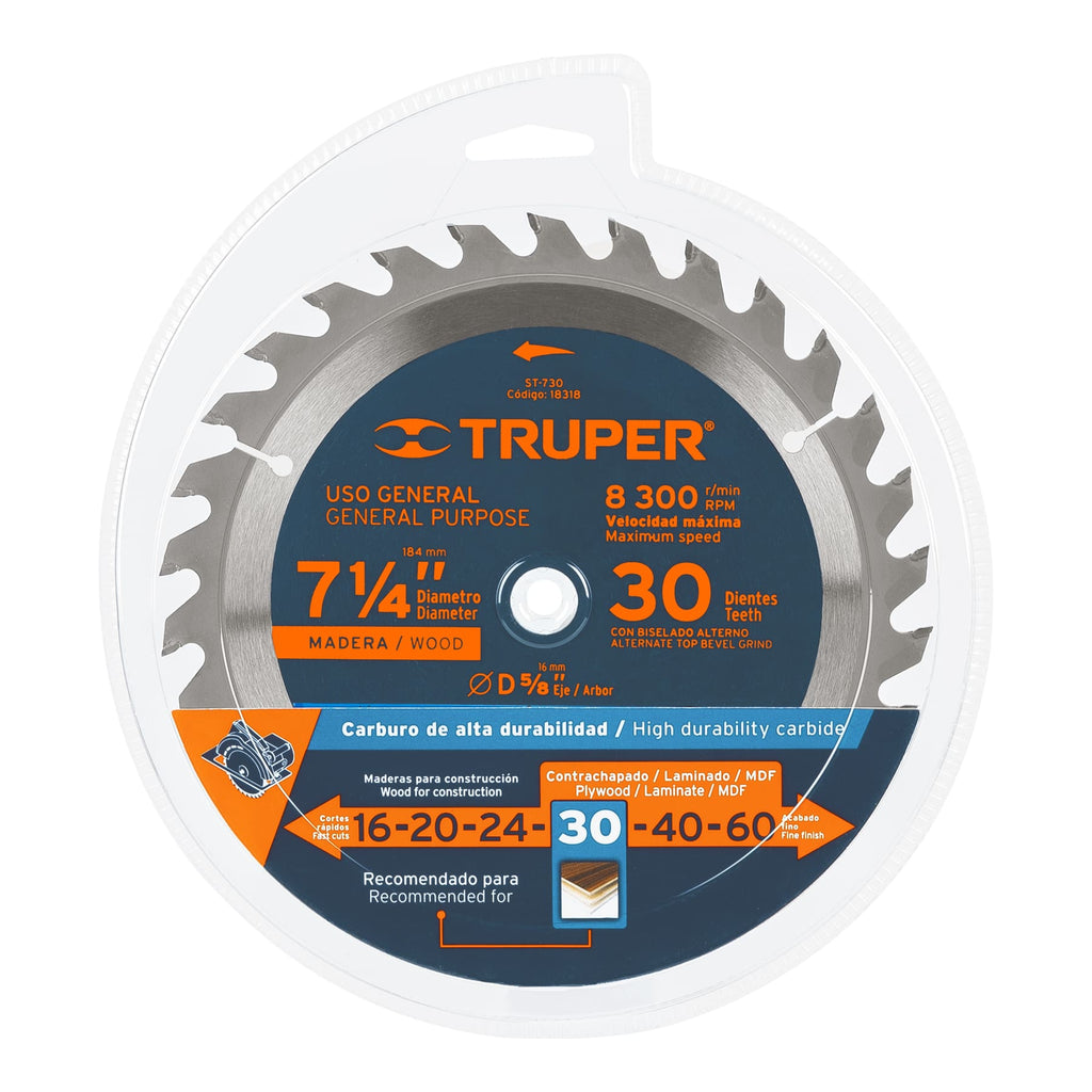 Disco sierra 7- 1/4" para madera, 30 dientes centro 5/8" TRUPER ST-730 (18318)