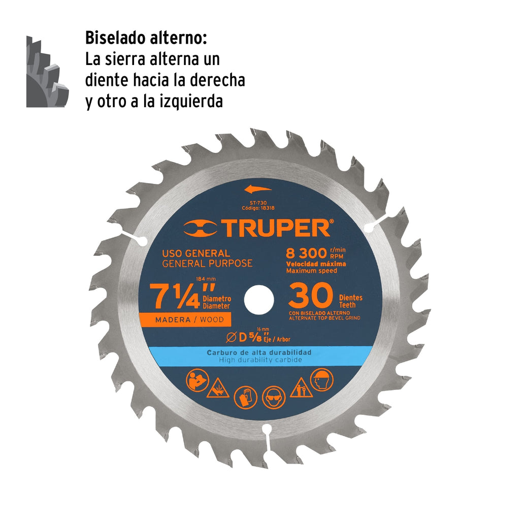 Disco sierra 7- 1/4" para madera, 30 dientes centro 5/8" TRUPER ST-730 (18318)