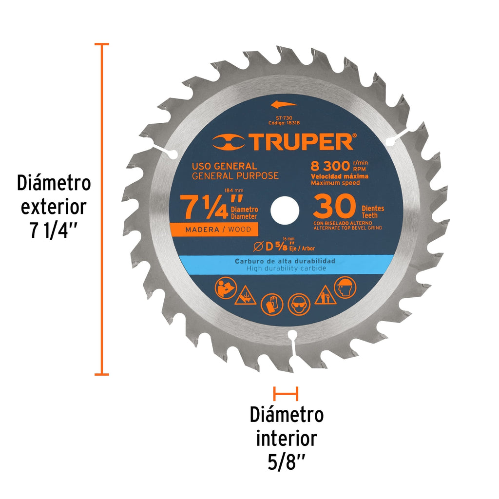 Disco sierra 7- 1/4" para madera, 30 dientes centro 5/8" TRUPER ST-730 (18318)