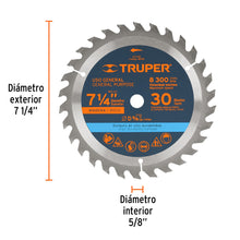 Cargar imagen en el visor de la galería, Disco sierra 7- 1/4&quot; para madera, 30 dientes centro 5/8&quot; TRUPER ST-730 (18318)