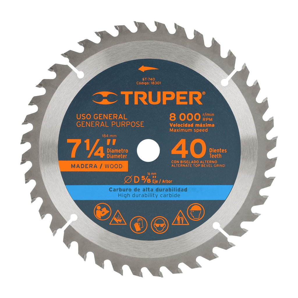 Disco sierra 7- 1/4" para madera, 40 dientes centro 5/8" TRUPER ST-740 (18301)