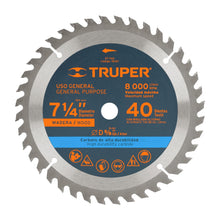 Cargar imagen en el visor de la galería, Disco sierra 7- 1/4&quot; para madera, 40 dientes centro 5/8&quot; TRUPER ST-740 (18301)