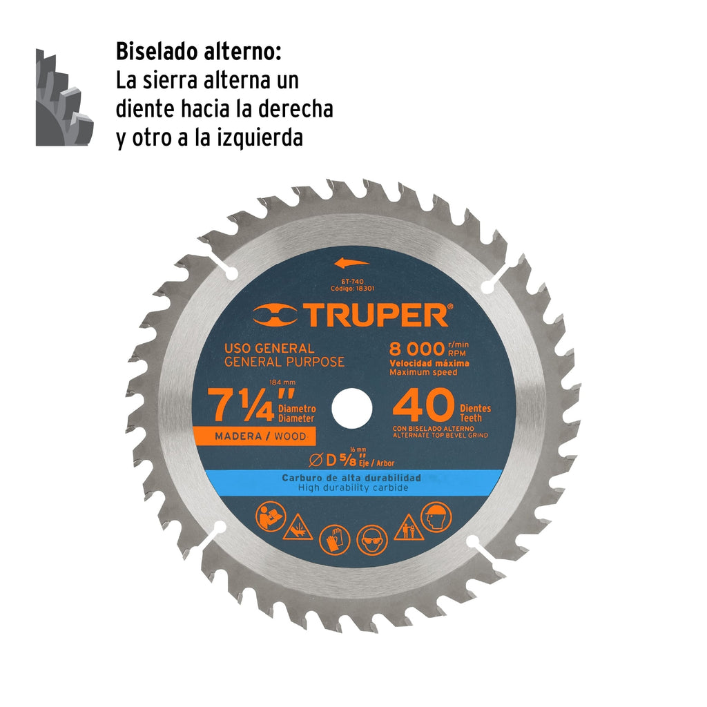 Disco sierra 7- 1/4" para madera, 40 dientes centro 5/8" TRUPER ST-740 (18301)