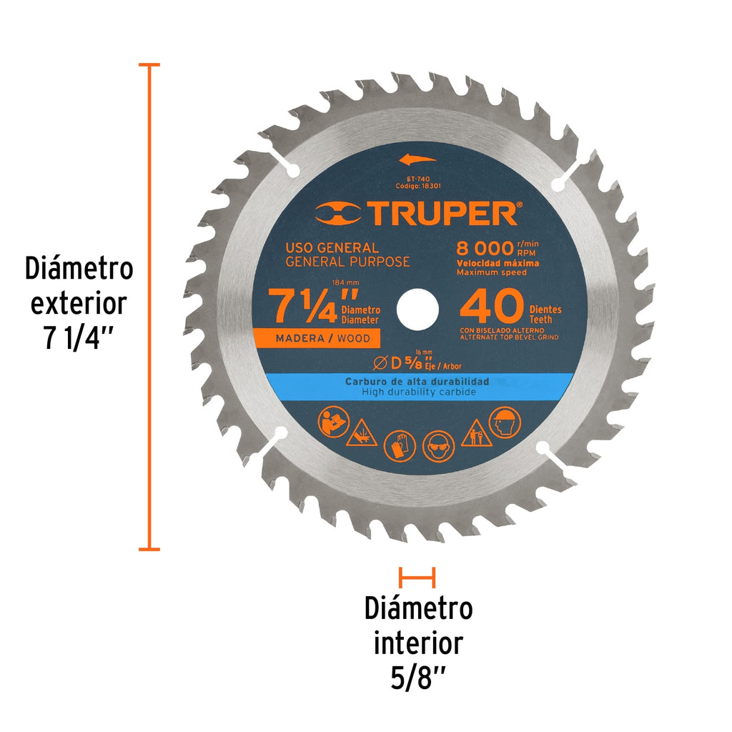 Disco sierra 7- 1/4" para madera, 40 dientes centro 5/8" TRUPER ST-740 (18301)