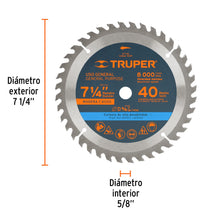 Cargar imagen en el visor de la galería, Disco sierra 7- 1/4&quot; para madera, 40 dientes centro 5/8&quot; TRUPER ST-740 (18301)