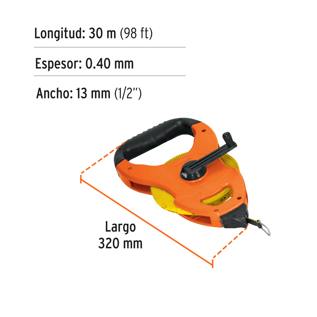 Cinta métrica larga 30 m fibra de vidrio, tipo cruceta TRUPER TFC-30ME (12646)