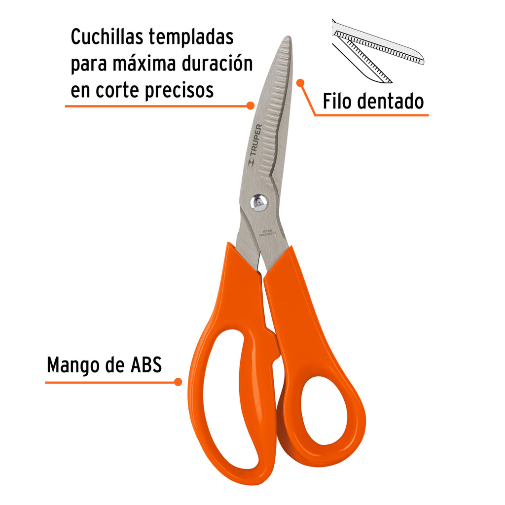 Tijera 8" multiusos de acero inoxidable, cuchillas dentadas, TRUPER TIMU-8E (18564)