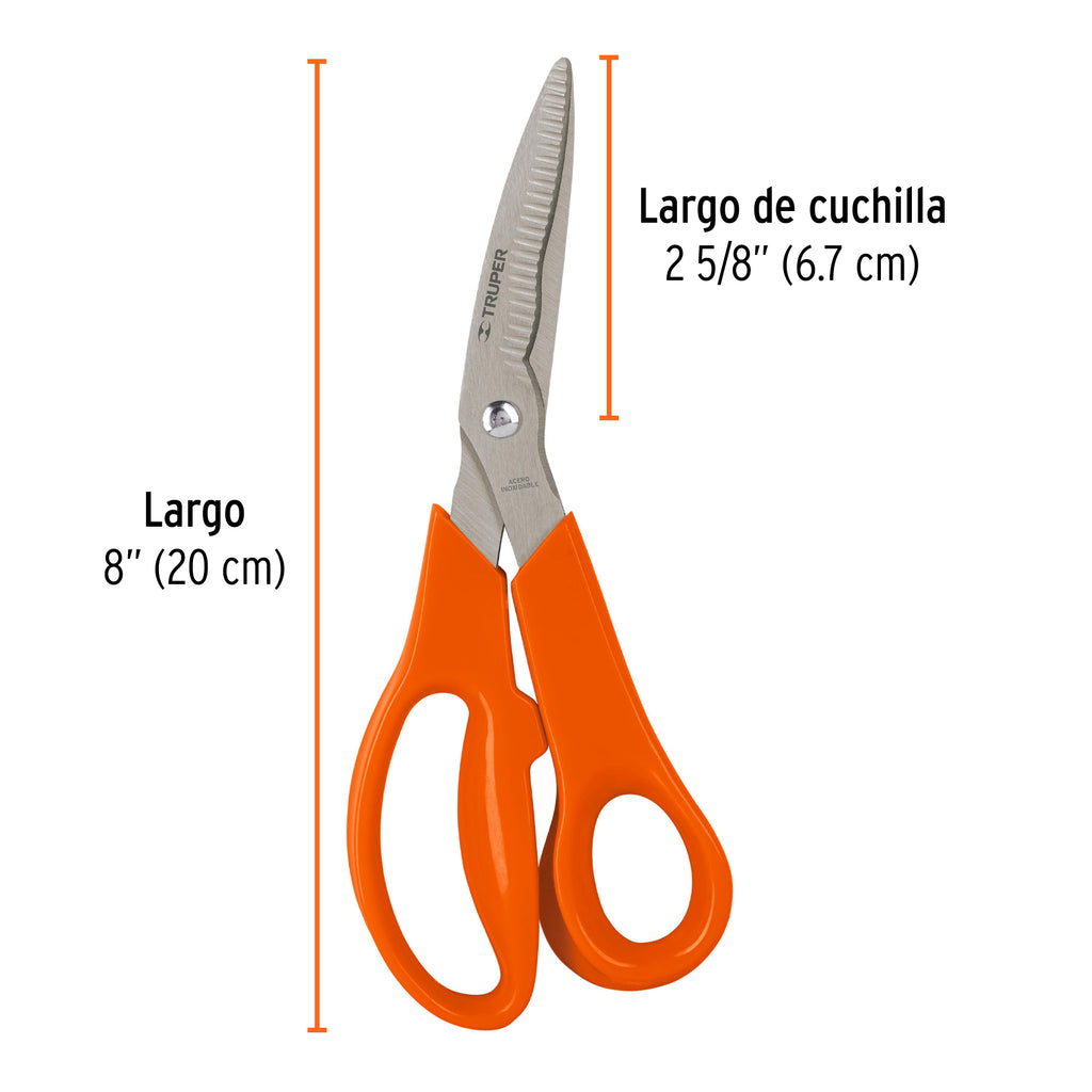 Tijera 8" multiusos de acero inoxidable, cuchillas dentadas, TRUPER TIMU-8E (18564)