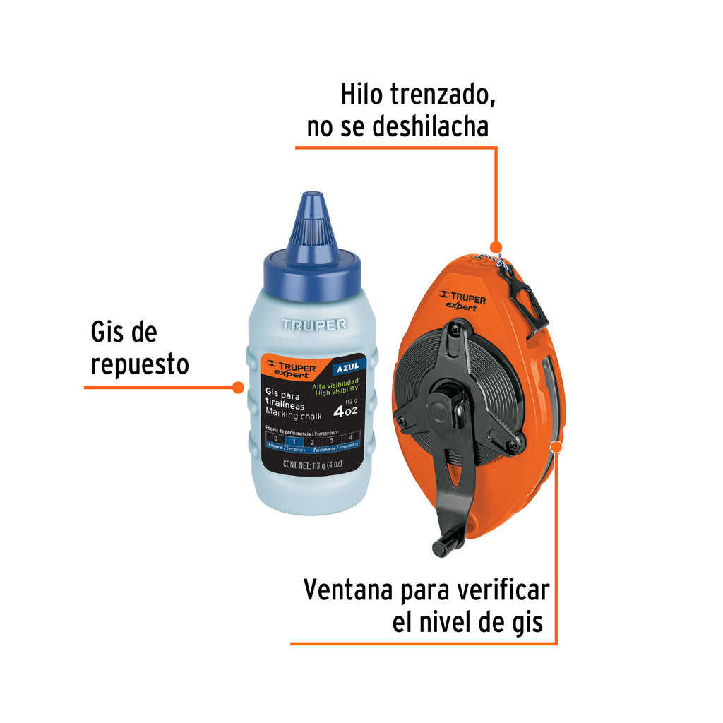 Tiralíneas metálico con gis, uso rudo, 30 m (100 ft), TRUPER Expert TL-100X (18579)