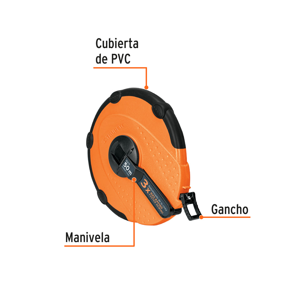 Cinta métrica larga 100 m fibra de vidrio, tipo cruceta, TRUPER TP50ME (12640)