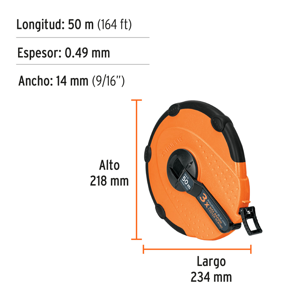 Cinta métrica larga 100 m fibra de vidrio, tipo cruceta, TRUPER TP50ME (12640)