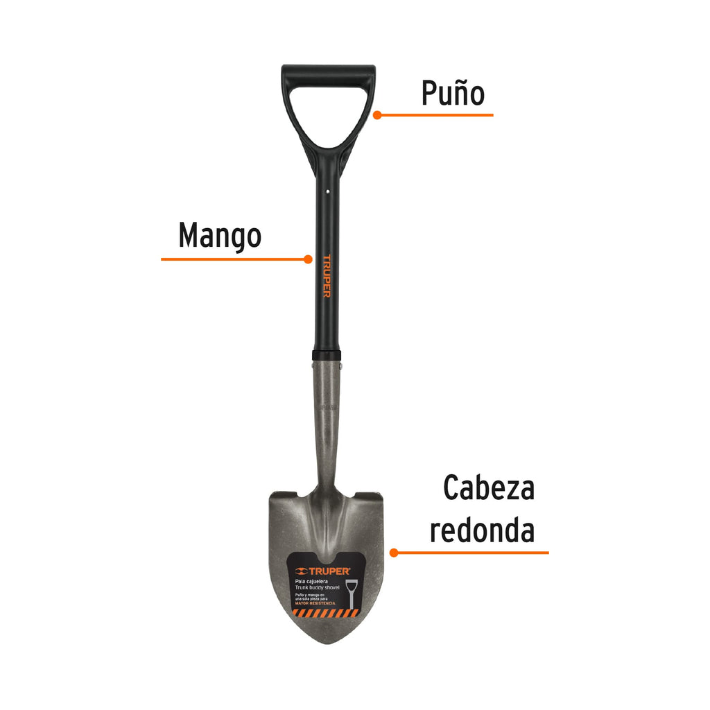 Pala cajuelera redonda, puño "D" con mango fibra de vidrio TRUPER TR-BY-F (17195)