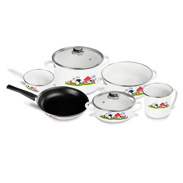 Batería de cocina con dibujos de vaquita de acero vitrificado 8 piezas Cinsa